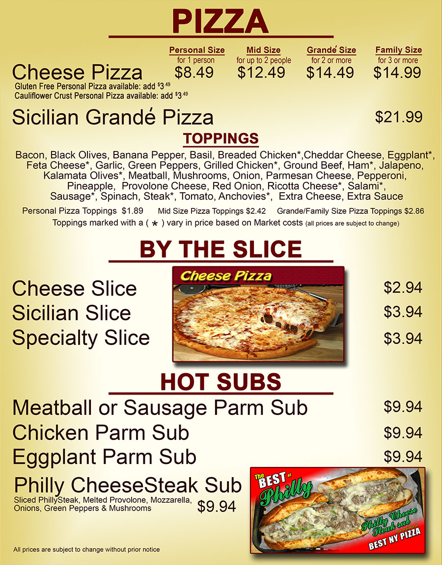 Pizza, Slice and Subs Menu