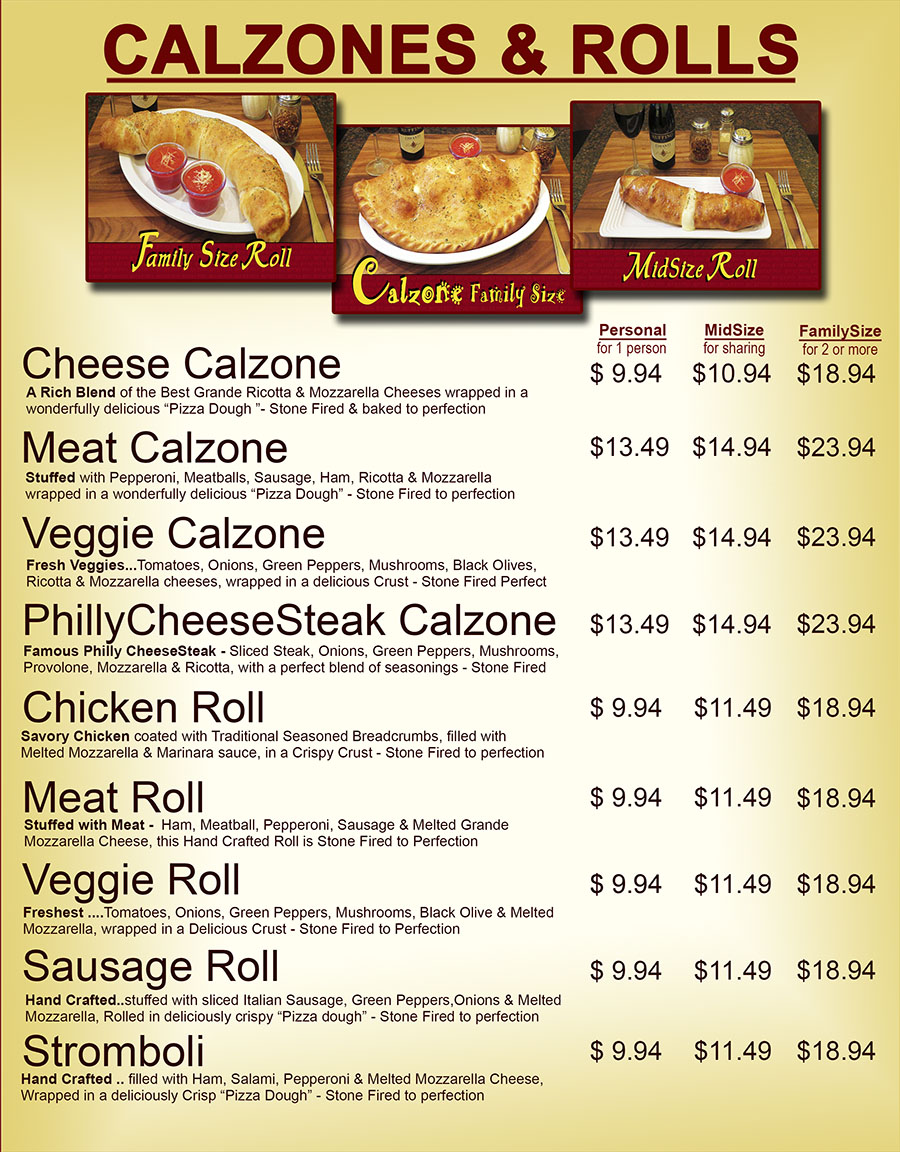 Calzone and Roll Menu